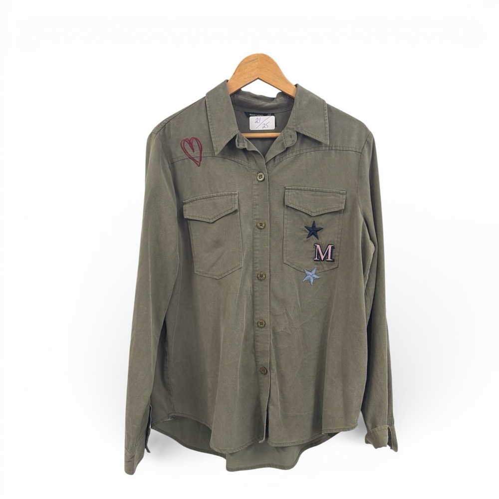 Marciano Embroidered Utility Shirt Jacket Green Military Style Button Down Large